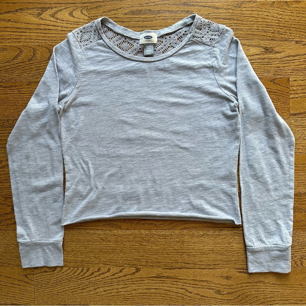 Old Navy Girls Long sleeve shirt Size XL 14 Gray with Lace on Shoulders and back